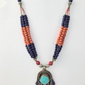 Multi-strand ethnic Tibetan necklace featuring lapis lazuli and coral beads with a Hamsa-style turquoise and coral inlay pendant