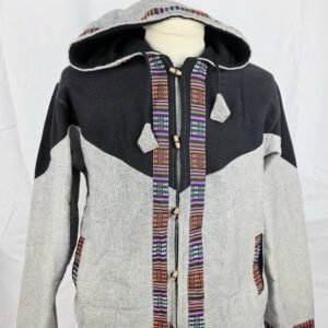 Chaqueta de invierno de algodón Gheri hecha a mano – Sudadera con capucha tribal tradicional nepalí – Abrigo hippie bohemio con forro polar con cierres de palanca