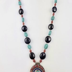 Heavy tribal ethnic massive red coral pendant necklace with turquoise and black beads