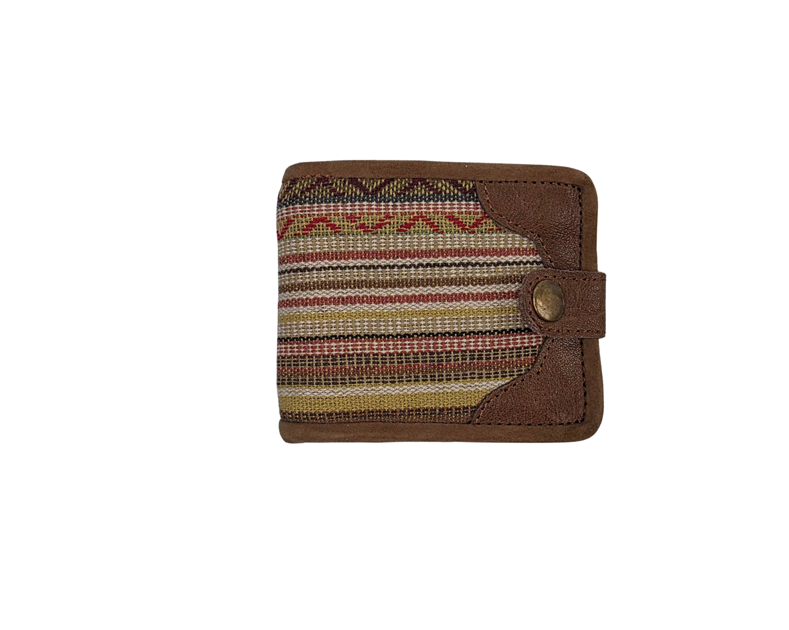 Cartera plegable hecha a mano de algodón Gheri del Himalaya y cuero de búfalo – Monedero tradicional tejido a presión y cartera bohemia sostenible