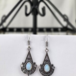 Pendientes de Plata 925 y Piedra de Luna Natural-Joyería Étnica Artesanal Estilo Boho-Vintage con Gota de Opalina