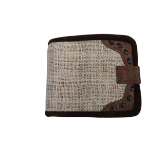 Cartera plegable hecha a mano de cáñamo del Himalaya y cuero de búfalo