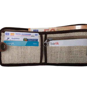 Cartera plegable hecha a mano de cáñamo del Himalaya y cuero de búfalo